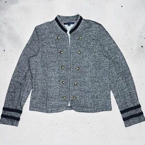 Tommy Hilfiger Women’s Military Knit Jacket L Gray Gold Button Bomber Sweater